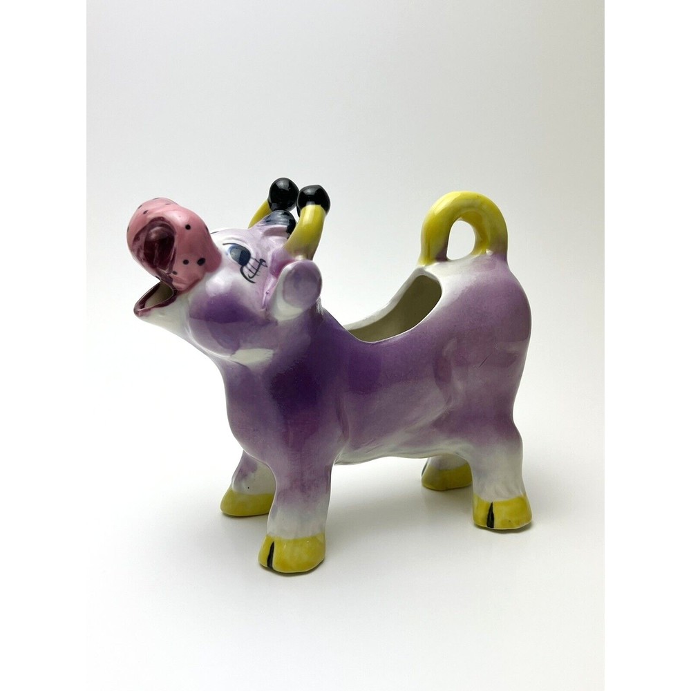 Vintage Ceramic Cow Creamer Milk Pitcher Farm House Bull Purple